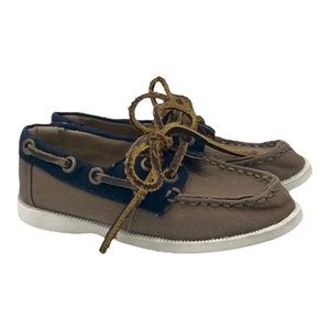 Janie and Jack Toddler Boat Shoes Loafers Brown Canvas Blue Leather Lace Size 9